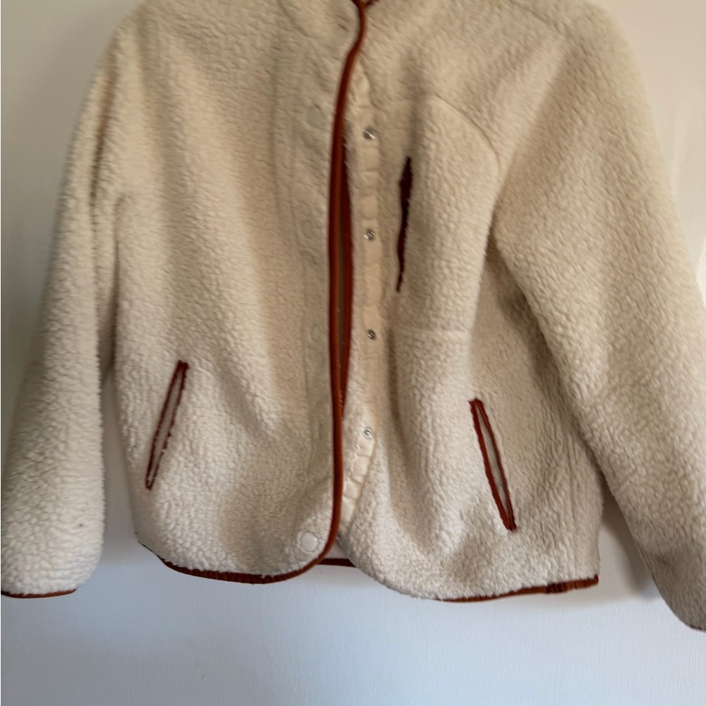 Cream Sherpa Jacket with Rust Trim - Women’s Cozy Coat